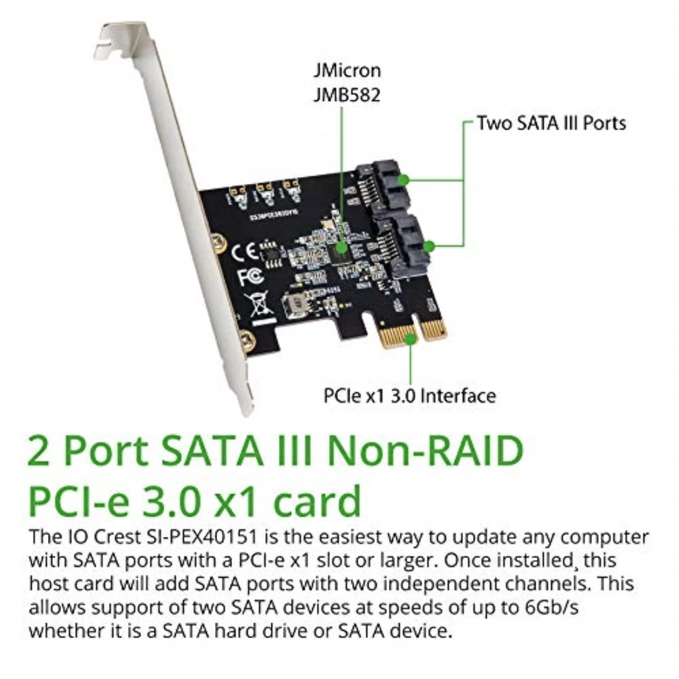 IO Crest 2 Port SATA III PCIe 3.0 Card JMicron JMB582 6Gbps Hot Swap Support - Image 3 of 4