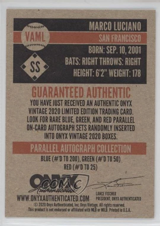 2020 Onyx Vintage Auto Green Ink /50 Marco Luciano #VAML Auto - Image 2 of 2