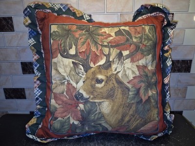 2 Sided Deer/Birds Throw Pillow Autumn Burgundy/Brown Cabin Lodge Theme 15 x15 
