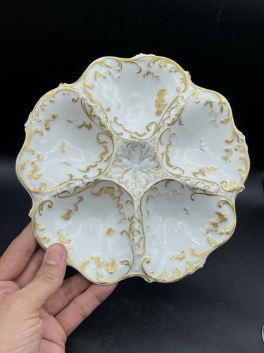 Oyster Plate 5-well Gold Trim (Metal Animal Claw footed base ASIS) Limoges? - Picture 2 of 14