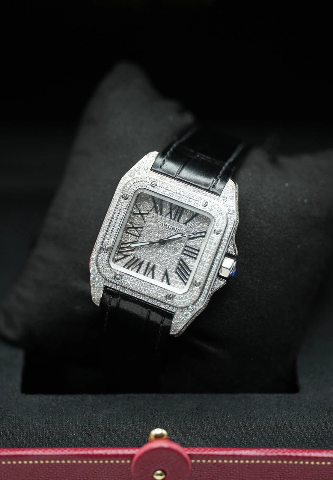 Cartier — Ladies 35mm Steel Cartier Santos 100 W20126X8, Diamond-Set, Black Roman Numeral