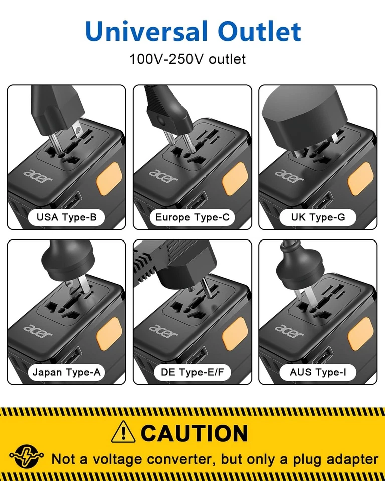 Adaptador de enchufe de viaje universal Acer 45W GaN - Adaptador de corriente internacional con... Foto 3 de 4