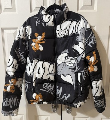 Tom and Jerry  Full Zip Puffer Jacket Black Multi Cartoon SZ M NEW