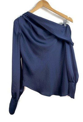 Simkhai Women's Navy Blue Satin Alice Draped One Shoulder Top Size Large Blouse