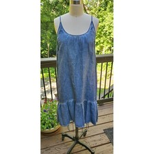 Lilla P River Blue Linen Blend Ruffle Hem Midi Slip Dress PA0120 Small NWT