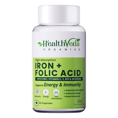 Health Veda Chelated Iron 60 Caps | Folic Acid, Zinc, C, B12 | Hemoglobin