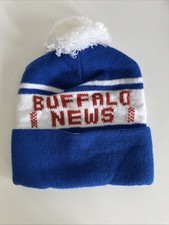 Vintage 1990s Buffalo NY News Winter Hat Pom Beanie Knit Cap USA Blue Red White