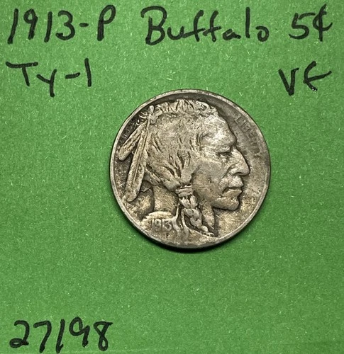 1913 P T1 Buffalo 🦬 Indian Head Nickel 5c Vf Very Fine Type 1