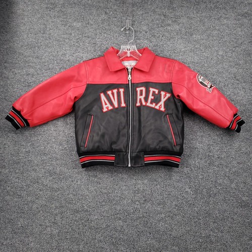VINTAGE Avirex USA Jacket Kids 4 Red Faux Leather Full Zip Varsity Bomber Y2K