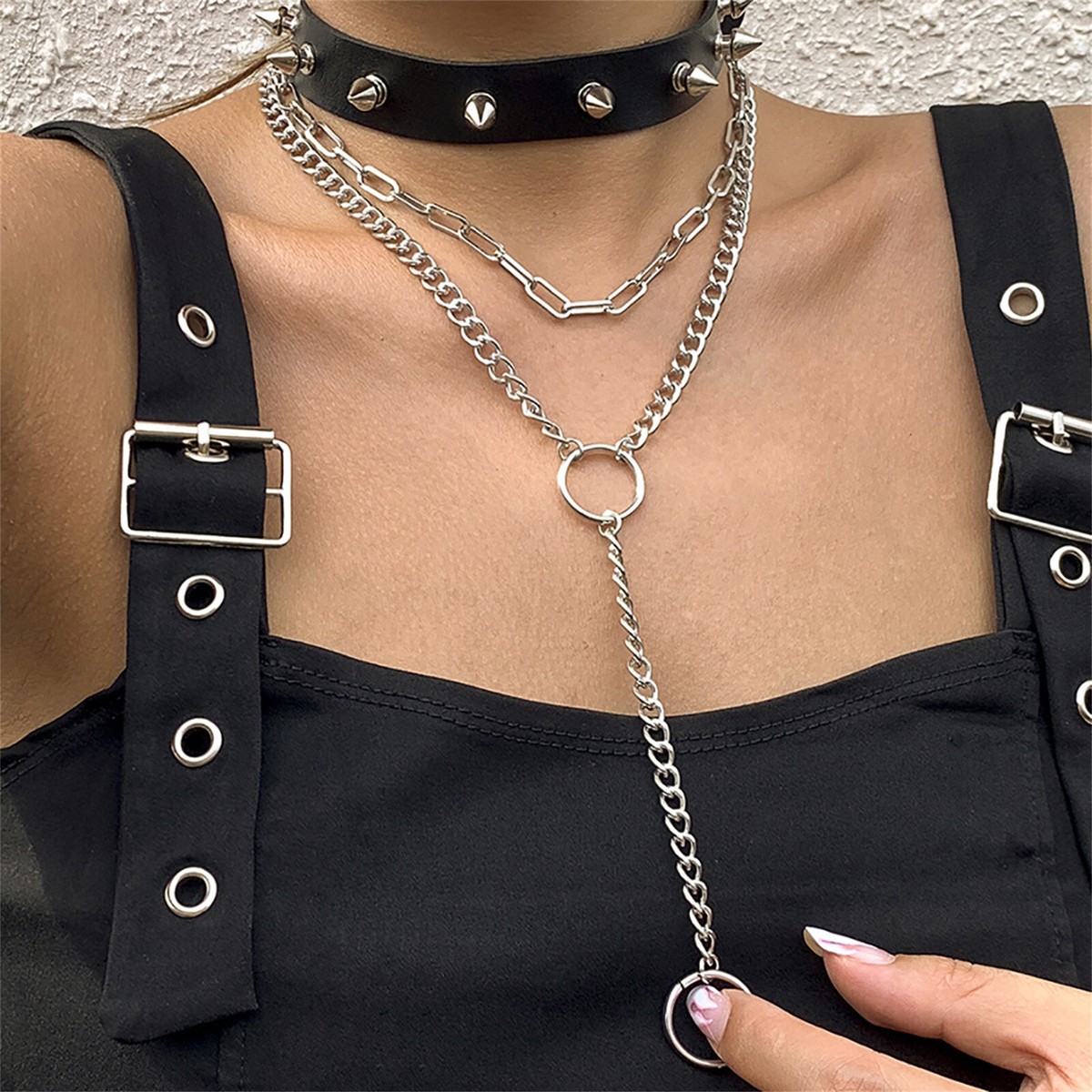 2pcs Women Punk Rock Multi-layer Lock Chain Spike Rivet