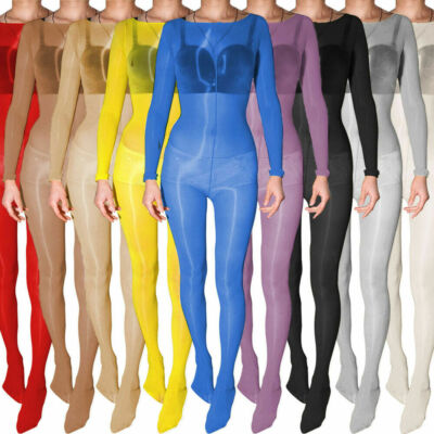  FULL BODYSTOCKING Nass glänzender LANGARM BODYSUIT glanznylon PLAYSUIT OUVERT 