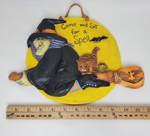 Halloween Door Sign Witch Cat Frog Full Moon Anthropomorphic Broom Resin 2005 - Picture 11 of 12