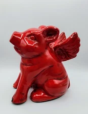 Ceramic Red Flying Pig Statue Angel Hog Heaven Distressed Farmhouse Style