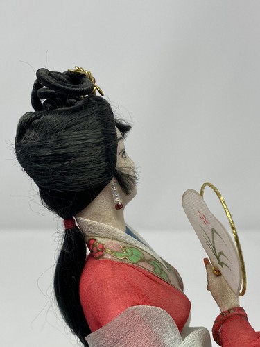 Ventaglio vintage Tang Yi cinese in seta e raso geisha geisha fatto a mano ~9,5 "T - Foto 12 di 19