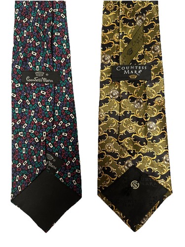 Countess Mara Ties Lot Of 2, Gold Black & Purple White Green Geometric Silk