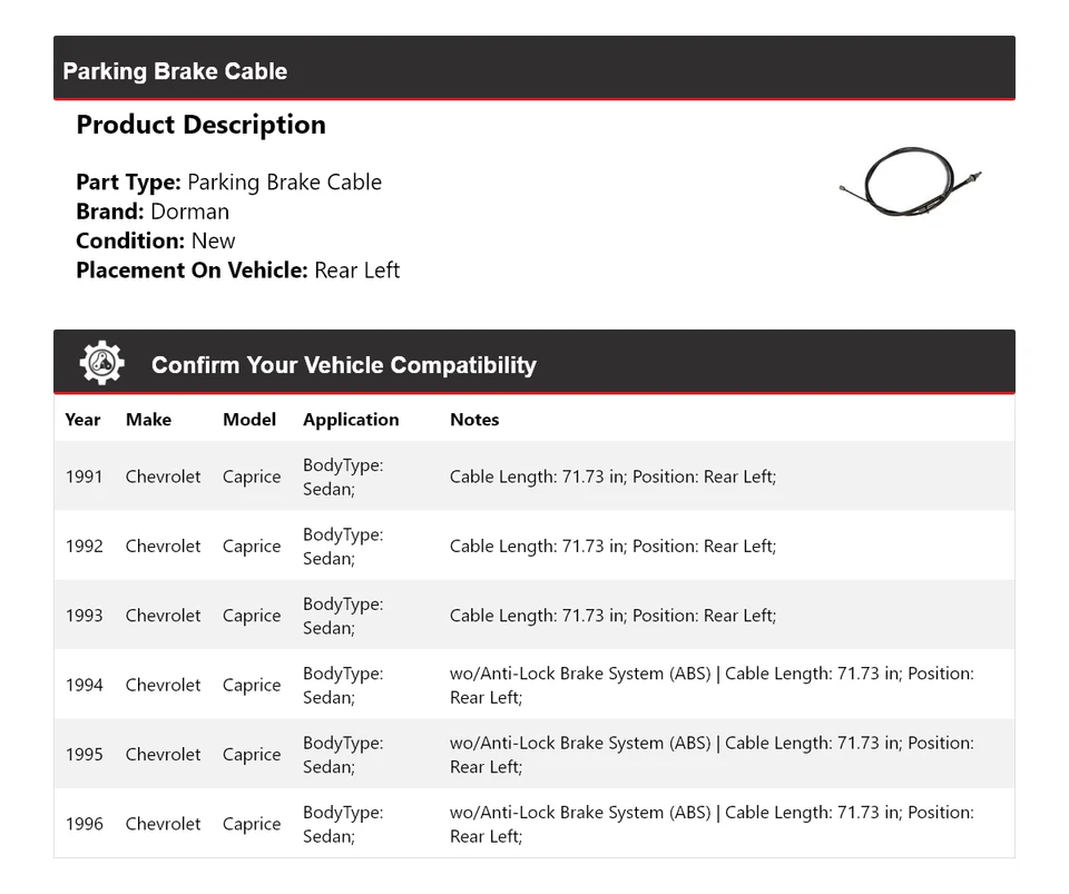 Кабель стояночного тормоза задний левый 1992 для 1991-1996 Chevrolet Caprice седан Dorman - Изображение 2 из 3