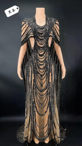 Womens Sexy See Through Silver Sequined Long Dress Evening Prom Gown Stage Wear - Picture 26 of 32