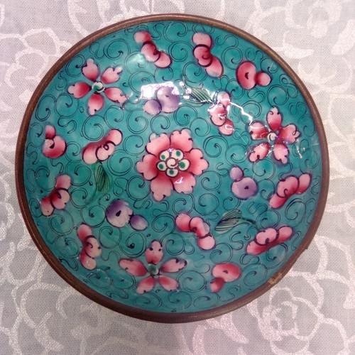 Antique 19th Century Chinese Export Canton Enamel Copper Bowl Blue Cherry Flower