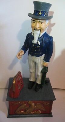 Vintage Repro 1970s CastIron Unmarked Uncle Sam Mechanical Bank w Mystery Coins