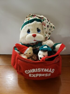 Vtg Christmas Express Bears in Nightcap in Basket Stuffed Plush Doll Toys