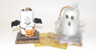 2 Halloween S'mores Ornament Figurines in Bat & Ghost Costumes