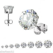 1pr 316L Surgical Stainless Steel Stud Earrings w/ Round Clear CZ Sizes 3-10mm