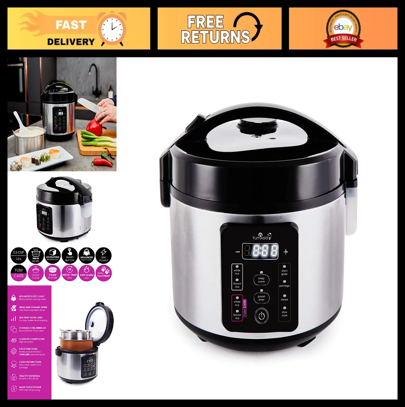 5.5 Cup Rice Cooker with Ceramic Bowl, Fuzzy Logic, 8 Cooking Functions, Stainle