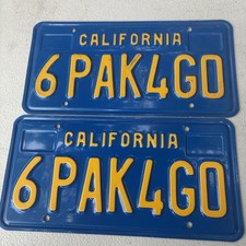 VTG Pair California Vanity Personalized License Plates 6pak4go 1980s Blue Gold