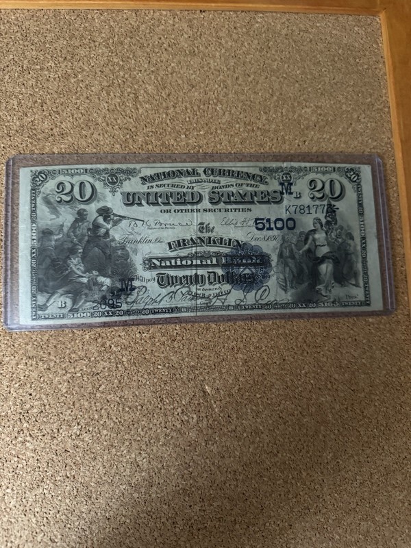 1882 DB $20 National Currency Note Franklin, Ohio Lg Note In Protective Sleeve