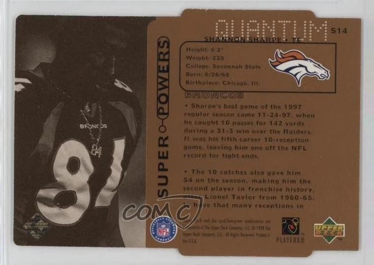 1998 Upper Deck Super Powers Bronze Die-Cut /100 Shannon Sharpe #S14 HOF - Image 2 of 2