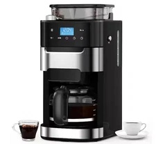 Cowsar 10-Cup Drip Coffee Maker w/ Built-In Adjustable Grind & Brew Black Steel