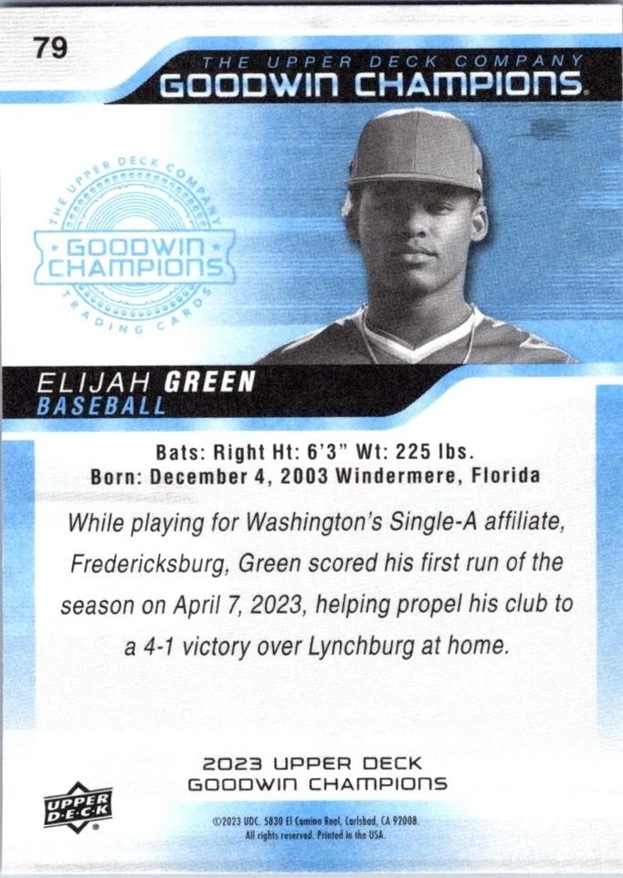 ELIJAH GREEN 79 2023 Upper Deck GOODWIN CHAMPIONS Base Set - Image 2 of 2