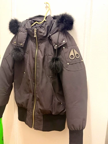 Moose Knuckles womans Gray Down Hooded Fur Trim Bomber Jacket Size M - product listing photo