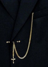 12" Inch Long Gold Plated Pocket Watch Chain With Ornate Cross Fob