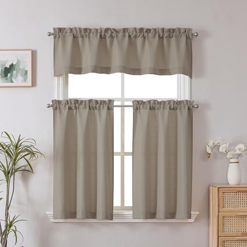 2 Panels Stone Beige Kitchen Curtains 24 Inch Length Tier Curtains, Faux - Bild 2 von 6