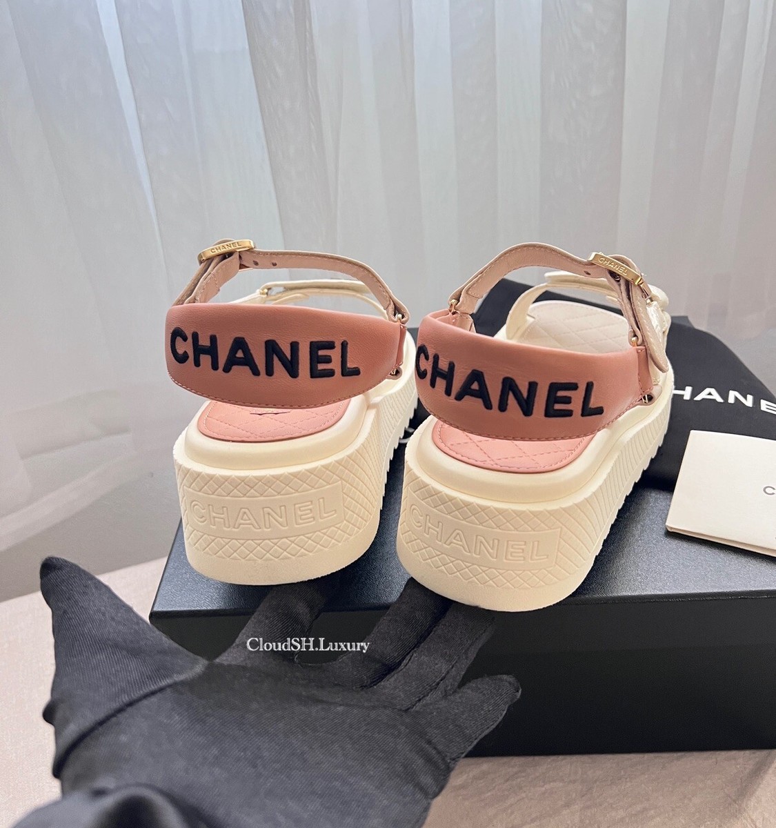 Auth Chanel BNIB 23A White Beige CC Logo Platform Strap Auth Chanel BNIB 23A White Beige CC Logo Platform Strap