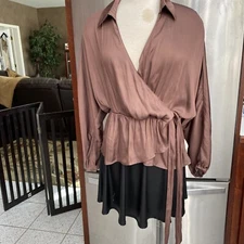 NEW Grade & Gather DUSTY PURPLE SATIN Blouse SZ S Boho WRAP PEPLUM 3/4 SLEEVE