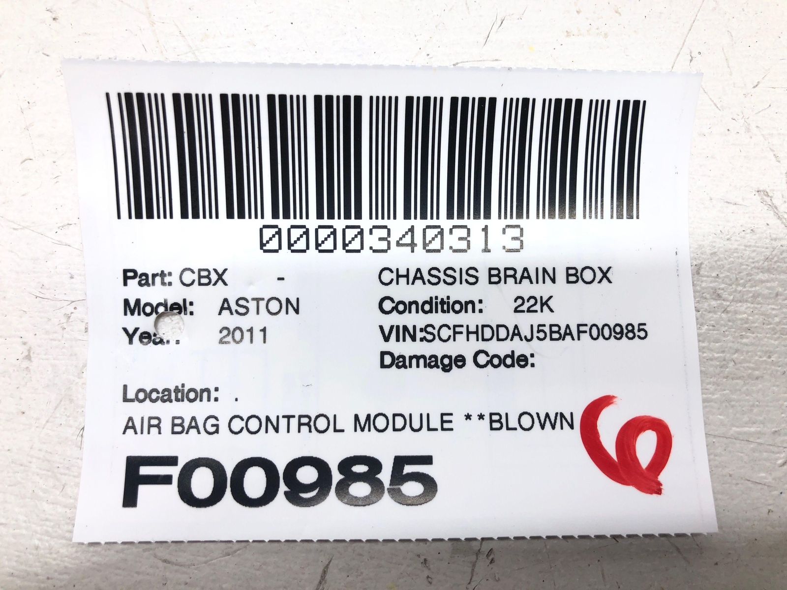 2011-2020 ASTON MARTIN RAPIDE SRS BAG SENSOR *NEED RESET* AD4314C246 OEM