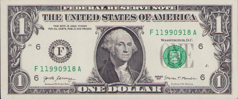 Fancy US Federal Reserve $1 Dollar Bill Serial Number F 11990918A Very Cool 2017