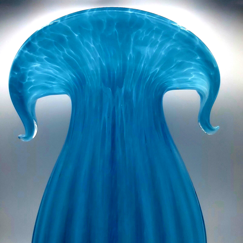 Large Sky Blue Cased White Art Glass Vase Ribbed Body Stretched Flared Neck - Picture 11 of 12