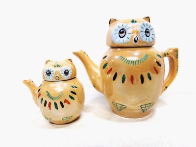 VINTAGE PIER 1 OWL TEAPOT & CREAMER LUSTER COLORS