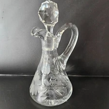 Antique Wheel Cut Crystal Glass Cruet 6.5" Daisy & Leaves Faceted