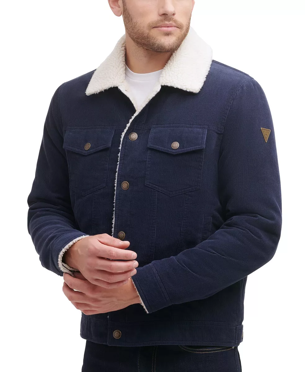 $195 GUESS Men's Navy Corduroy Bomber Jacket with Sherpa Collar Medium