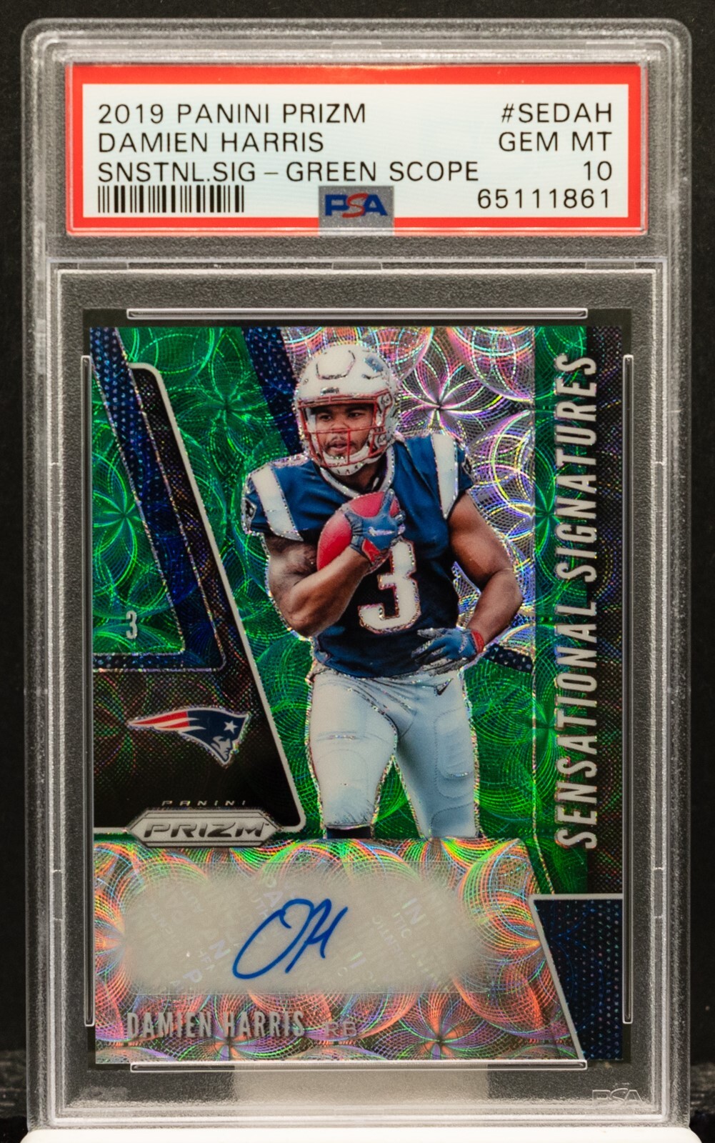 Damien Harris Panini Prizm Sensational Signatures #SEDAH Green Scope