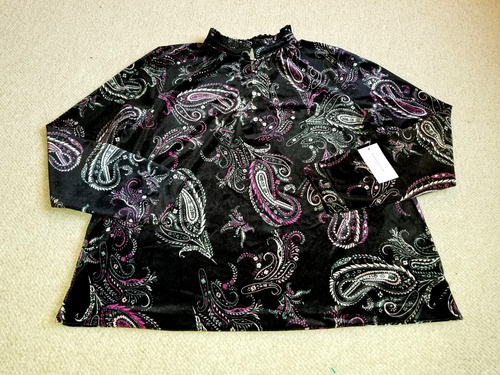 NWT Womens Top-CHARTER CLUB-black/pink paisley "Winter Cottage" velvet ls-PXL