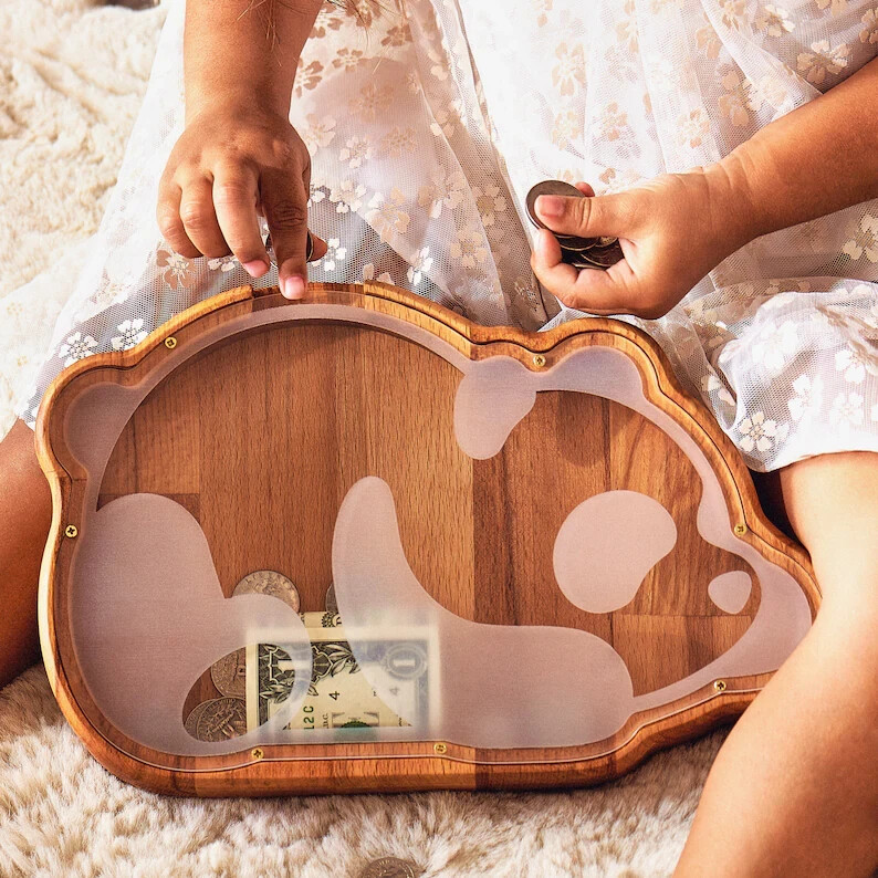 Personalized Cute Shapes Gift for Kids Handmade Nursery Decor, Wooden Coin Bank