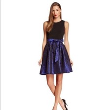 Eliza J Floral Cobalt Blue & Black Combo Jacquard Fit and Flare Belted Dress 10