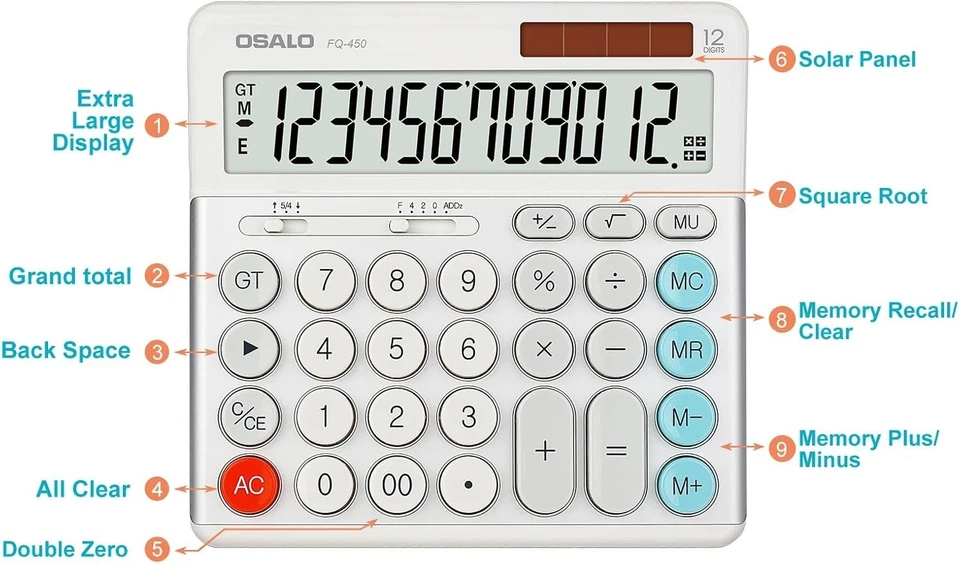 FQ-450 Extra Large 12-Digit Calculator - Solar & Battery, User-Friendly Design - Image 4 of 4
