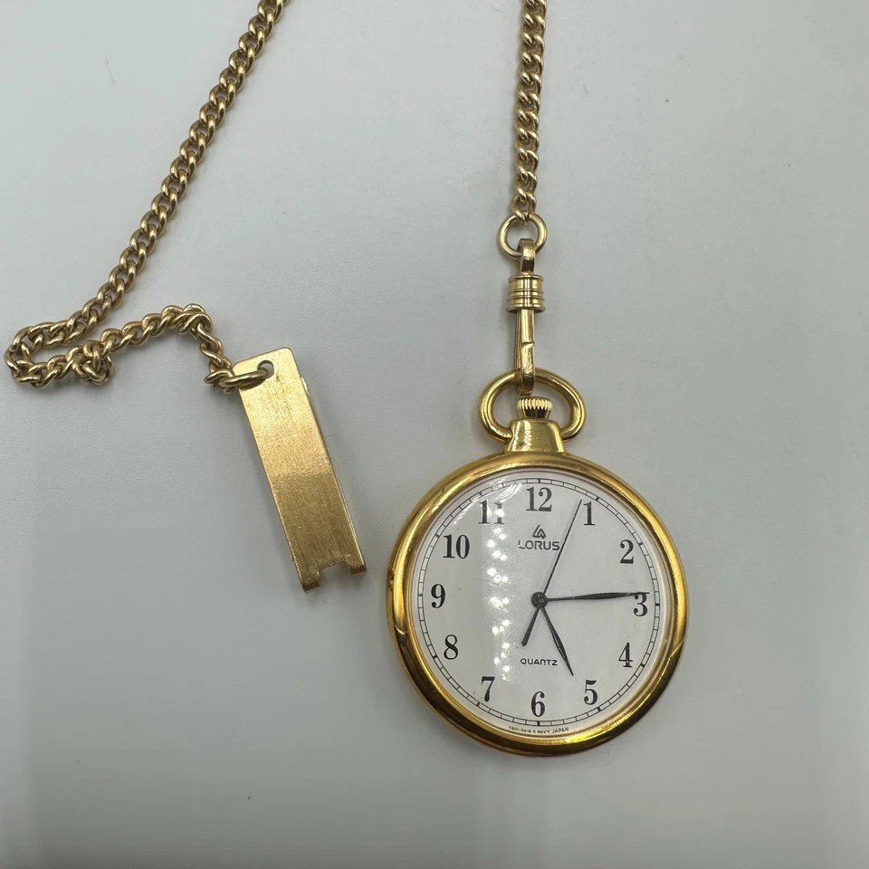 Vintage Lorus Pocket Watch Men Gold Tone With Chain 36MM Open Face New Battery - Image 4 of 4
