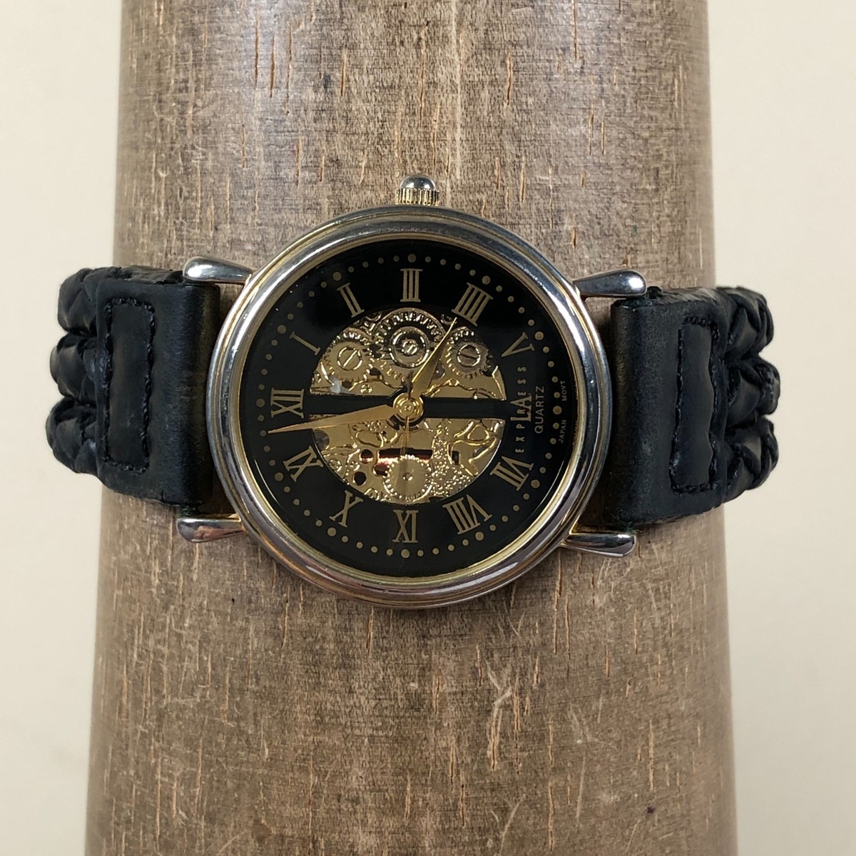 VTG Express Watch Mens Gold Tone Quartz Skeleton Dial Brown Leather Strap RUNS Vtg Nelsonic LA Express Women LAX873 Dress Skeleton Leather  main image 3